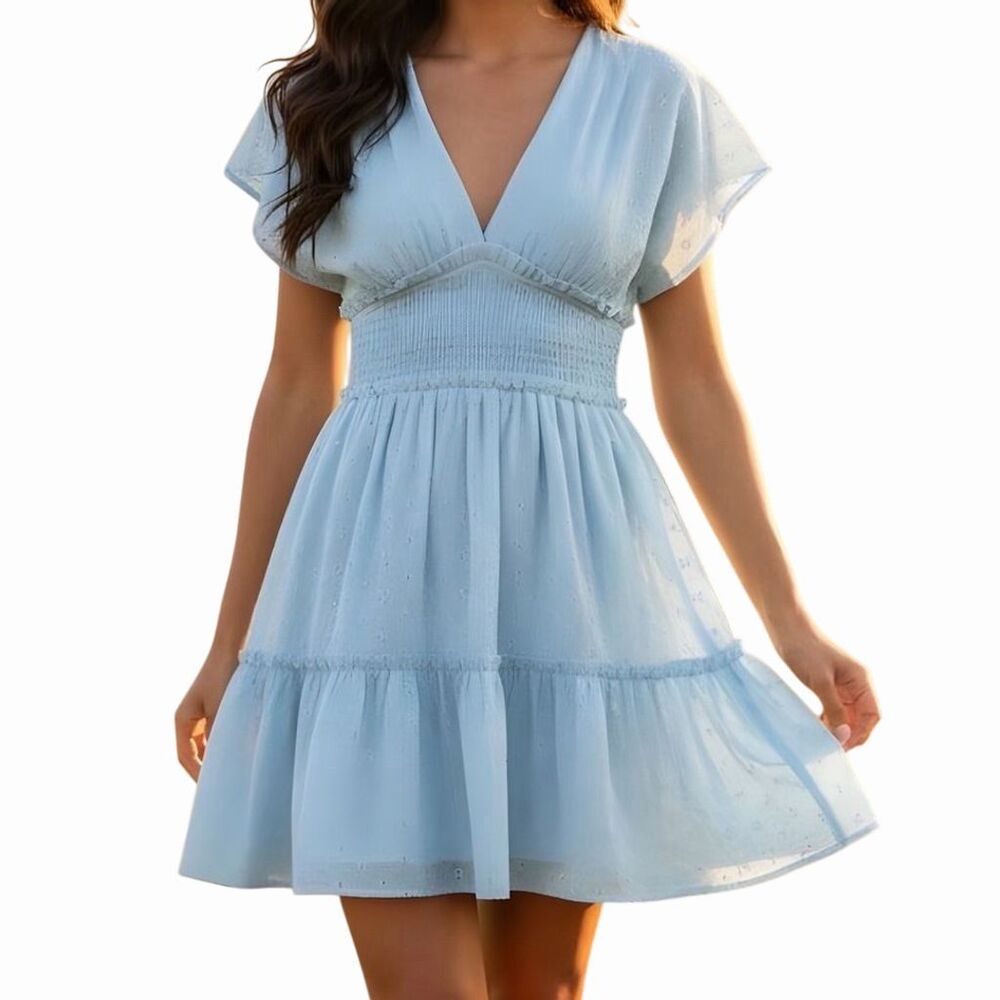 Storia Women’s V-Neck Smocked Summer Dress Blue Size Small